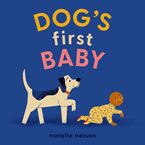 Book cover with a white dog and crawling baby on a blue background.
