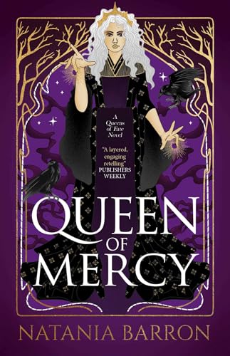 Book cover: woman with white hair, black dress, and two ravens.