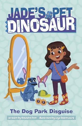 Book cover: girl with small blue dinosaur preparing for a disguise.