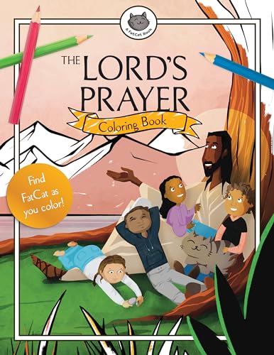 Coloring book cover depicting Jesus with children and a hidden cat.