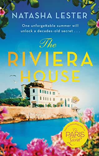 Book cover showing a white villa on a cliff overlooking the sea with flowers.