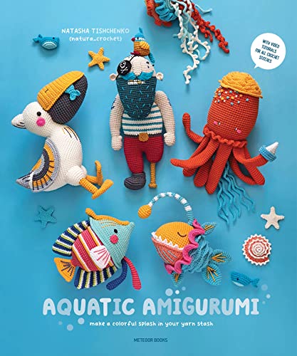 Crochet sea creatures including a pirate, octopus, fish, and pelican on a blue background.
