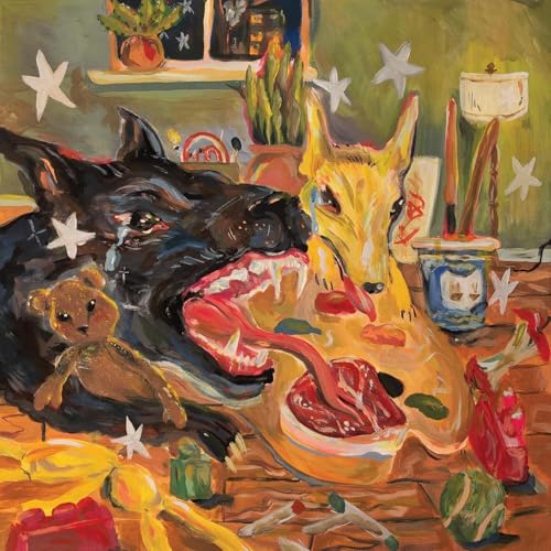 Painted album cover featuring two dogs, a teddy bear, and scattered objects.