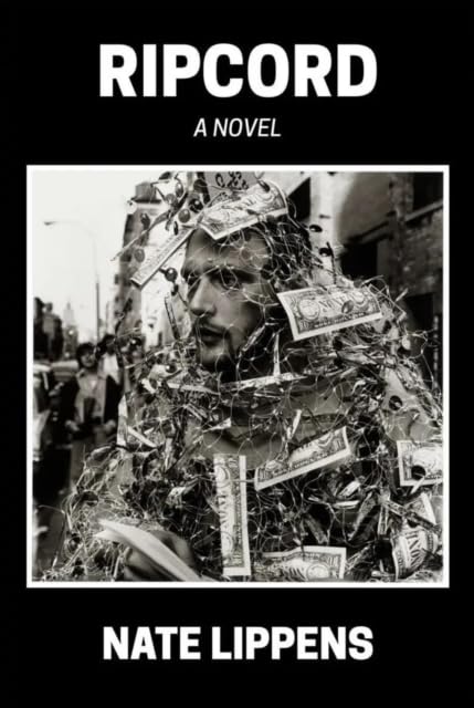 Book cover: man’s face obscured by falling money, urban background.