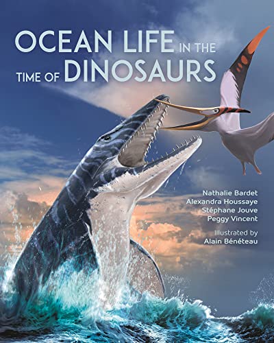 A mosasaur leaps from the water toward a flying pterosaur against a cloudy sky.
