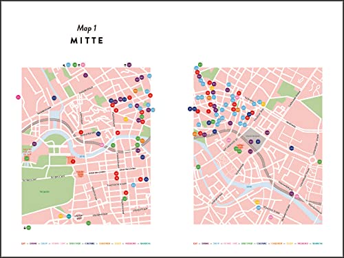 Two city maps of Berlin Mitte with colored location markers and a legend below.
