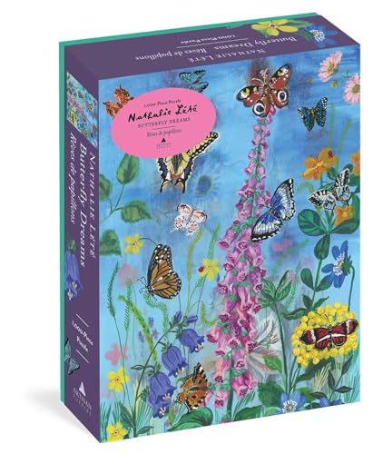 Puzzle box depicting colorful butterflies and wildflowers on a blue background.