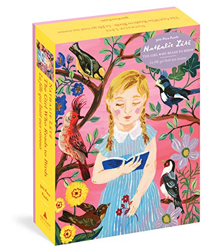 Puzzle box depicting a girl reading to colorful birds in a garden.