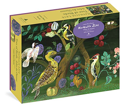 Puzzle box depicting colorful birds and berries on a dark tree branch.