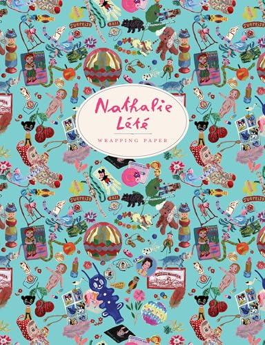 Colorful wrapping paper with repeating illustrations of toys and portraits.