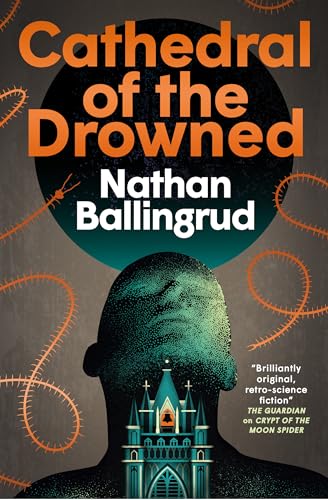 Book cover: dark silhouette with cathedral and swirling orange lines.