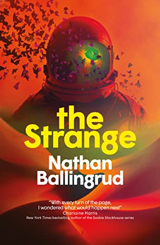 Book cover: astronaut helmet with butterflies against a fiery orange background.