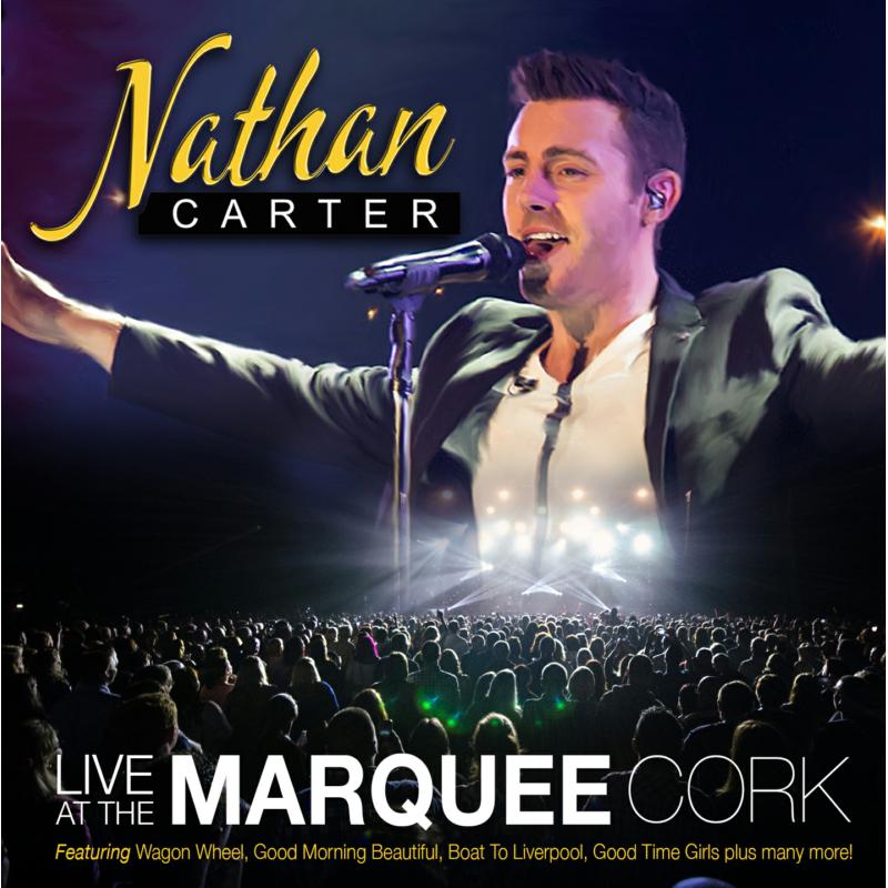 Nathan Carter performing live on stage with a crowd, CD cover art.
