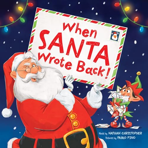 Santa Claus holds a large letter with an elf nearby, snowy background.