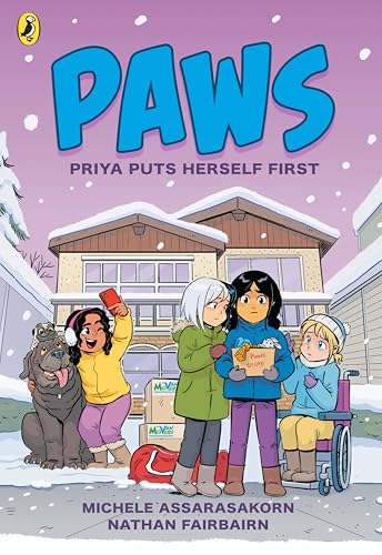 Book cover showing four children and a large dog in the snow outside a house.