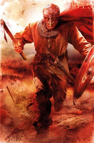 Armored warrior running with axe and shield, fiery background.