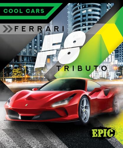 Red Ferrari F8 Tributo sports car on a city street, book cover.