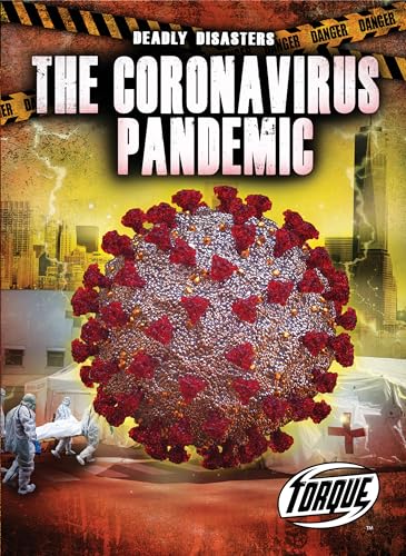 Book cover depicting a coronavirus with a city and medical personnel.
