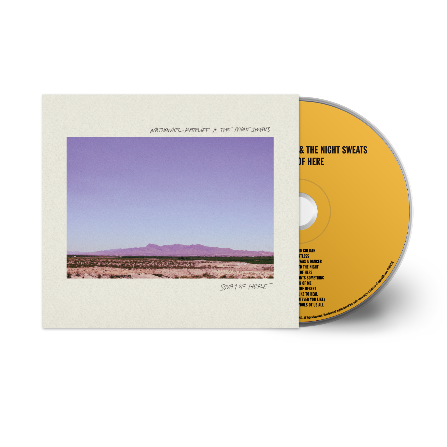 Album cover for Nathaniel Rateliff & The Night Sweats’ “South of Here” with desert scene.