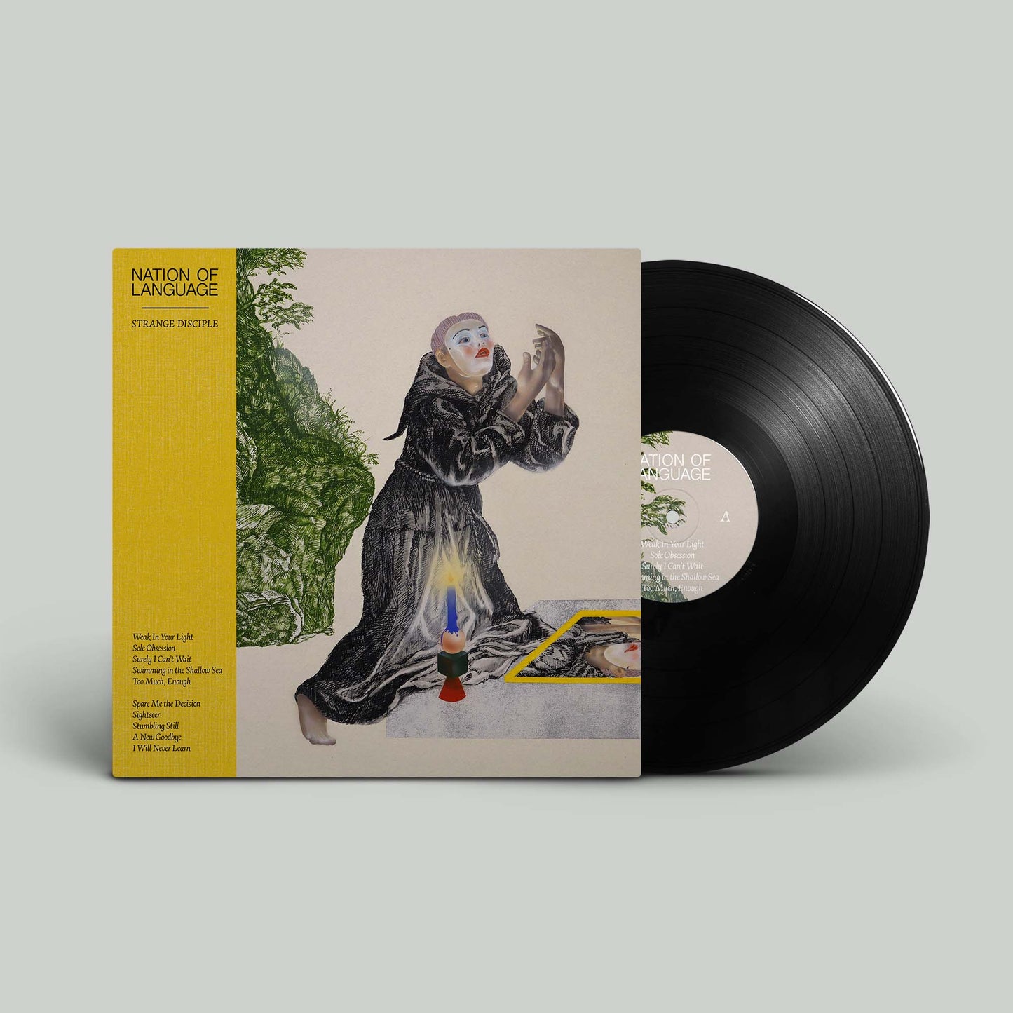 Black vinyl LP of Nation of Language’s “Strange Disciple” album cover.