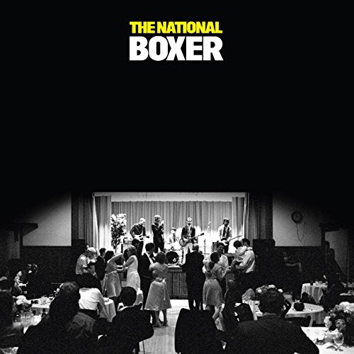 Album cover for The National's Boxer featuring a black and white photo of a band.