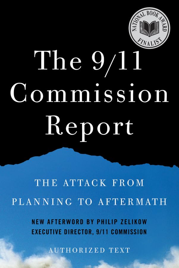 Book cover: “The 9/11 Commission Report” with blue and white imagery.