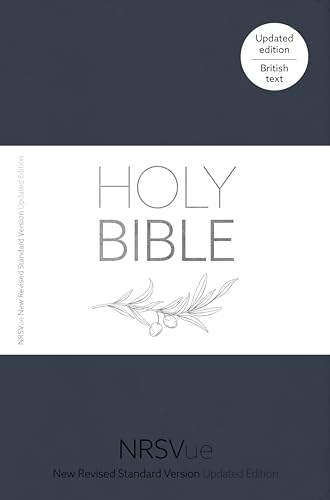 Dark blue Bible cover with white text and a small olive branch illustration.
