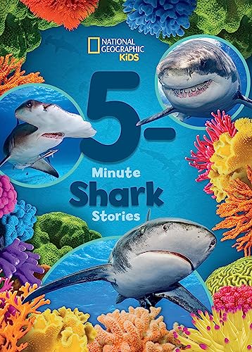 Book cover titled 5-Minute Shark Stories featuring various sharks and colorful coral reefs.