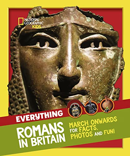 Book cover featuring a bronze Roman face sculpture with text about Romans in Britain.