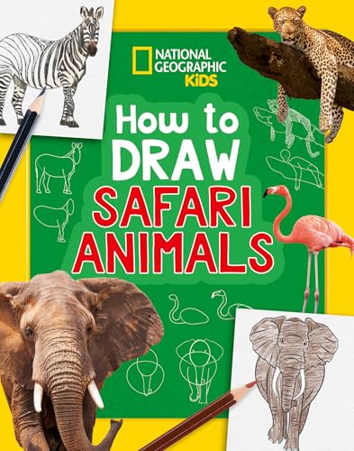 Book cover: “How to Draw Safari Animals” with animal sketches and photos.