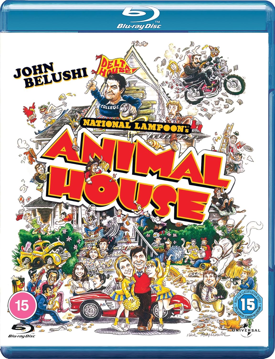 Animal House" Blu-ray cover featuring a chaotic, illustrated college scene.