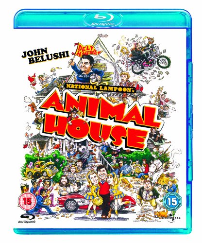 Blu-ray cover art for National Lampoon's Animal House featuring a chaotic illustrated collage.