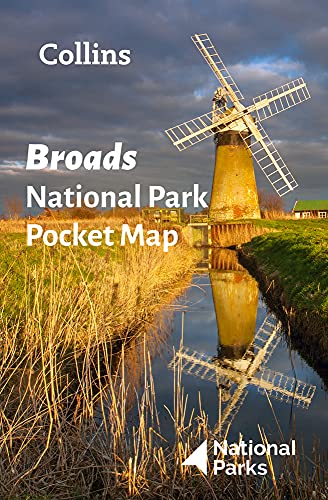 Broads National Park pocket map cover with a windmill reflected in water.