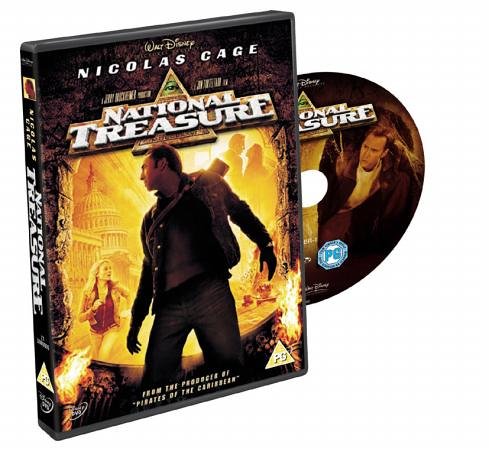 National Treasure DVD case and disc featuring Nicolas Cage against a golden background.