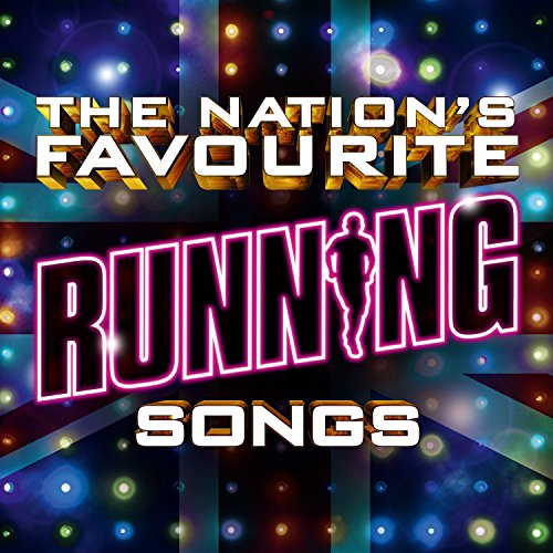 The Nation's Favourite Running Songs CD cover with colorful lights and Union Jack background.