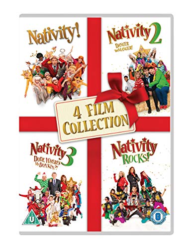 DVD cover for Nativity 1-4 film collection featuring cast photos and a red ribbon.
