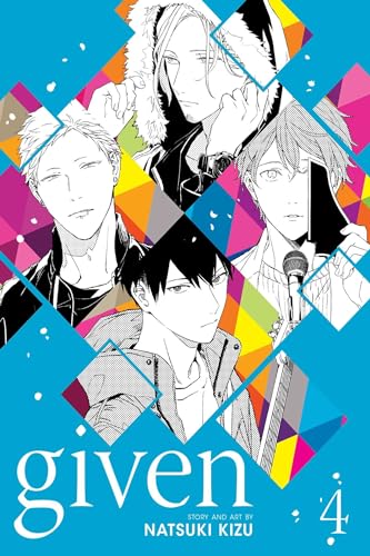 Black and white manga cover featuring four young men with geometric shapes.