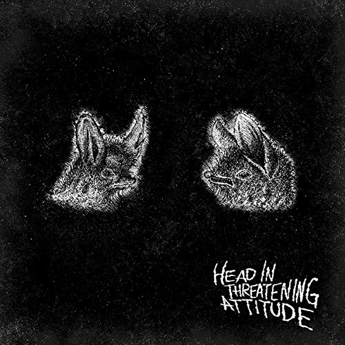 Black and white sketch of two bat heads against a dark background.