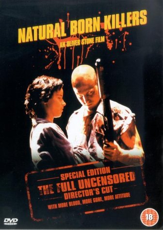 “Natural Born Killers” DVD cover featuring a couple with a gun, blood splatter.
