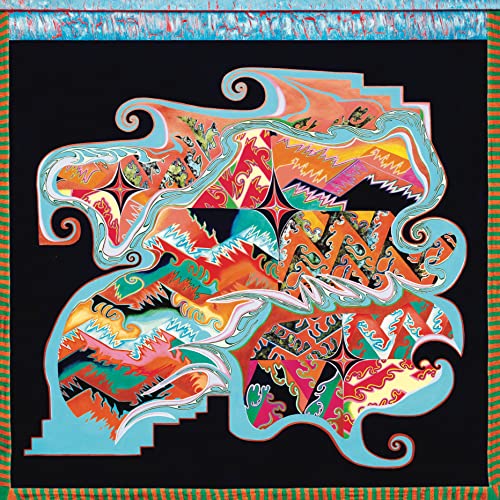 Abstract painting with swirling blue lines and colorful geometric patterns on a black background.