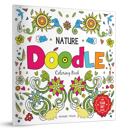 Coloring book cover with flowers, suns, bunnies, and “Nature Doodle” text.