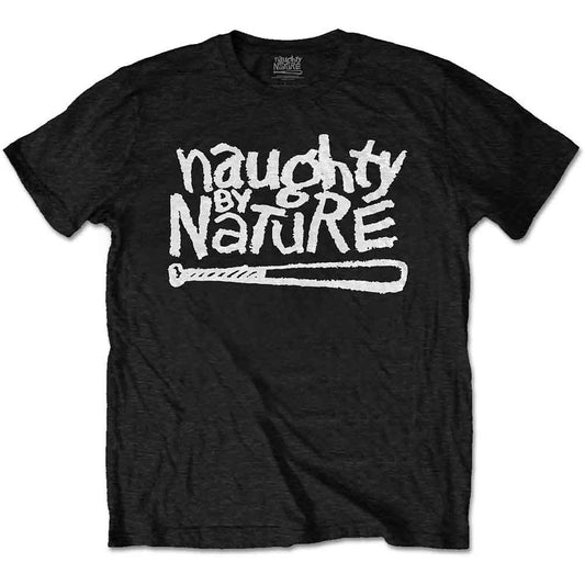 Black t-shirt with white "Naughty By Nature" logo and baseball bat graphic.