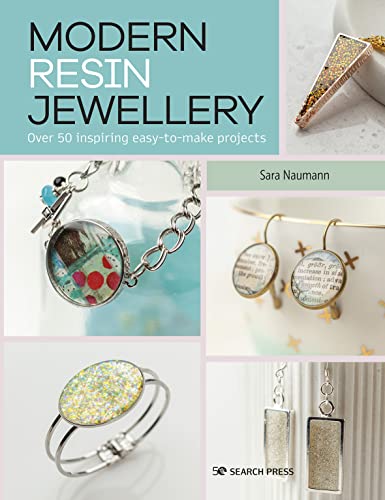 Book cover for Modern Resin Jewellery featuring photos of a ring, earrings, and bracelet.