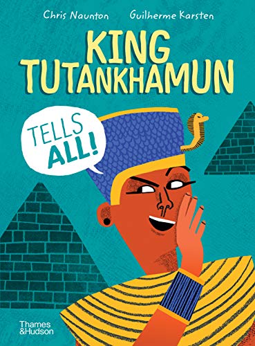 Book cover: illustrated King Tutankhamun with pyramids, speech bubble.