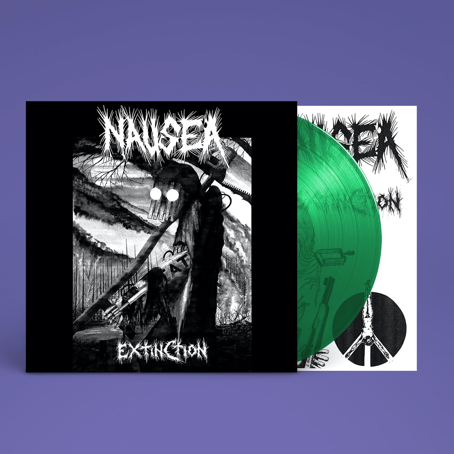 Nausea “Extinction” vinyl record with dark, illustrated cover art.