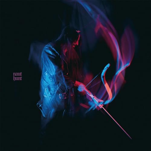 Person drawing a bow with glowing red and blue light trails.