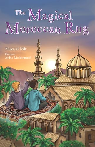 Book cover depicting two children on a flying rug over a city.