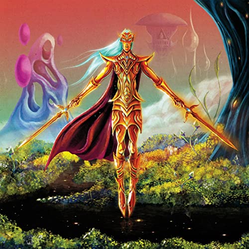 A golden armored figure with two swords floats above a stream in a surreal landscape.