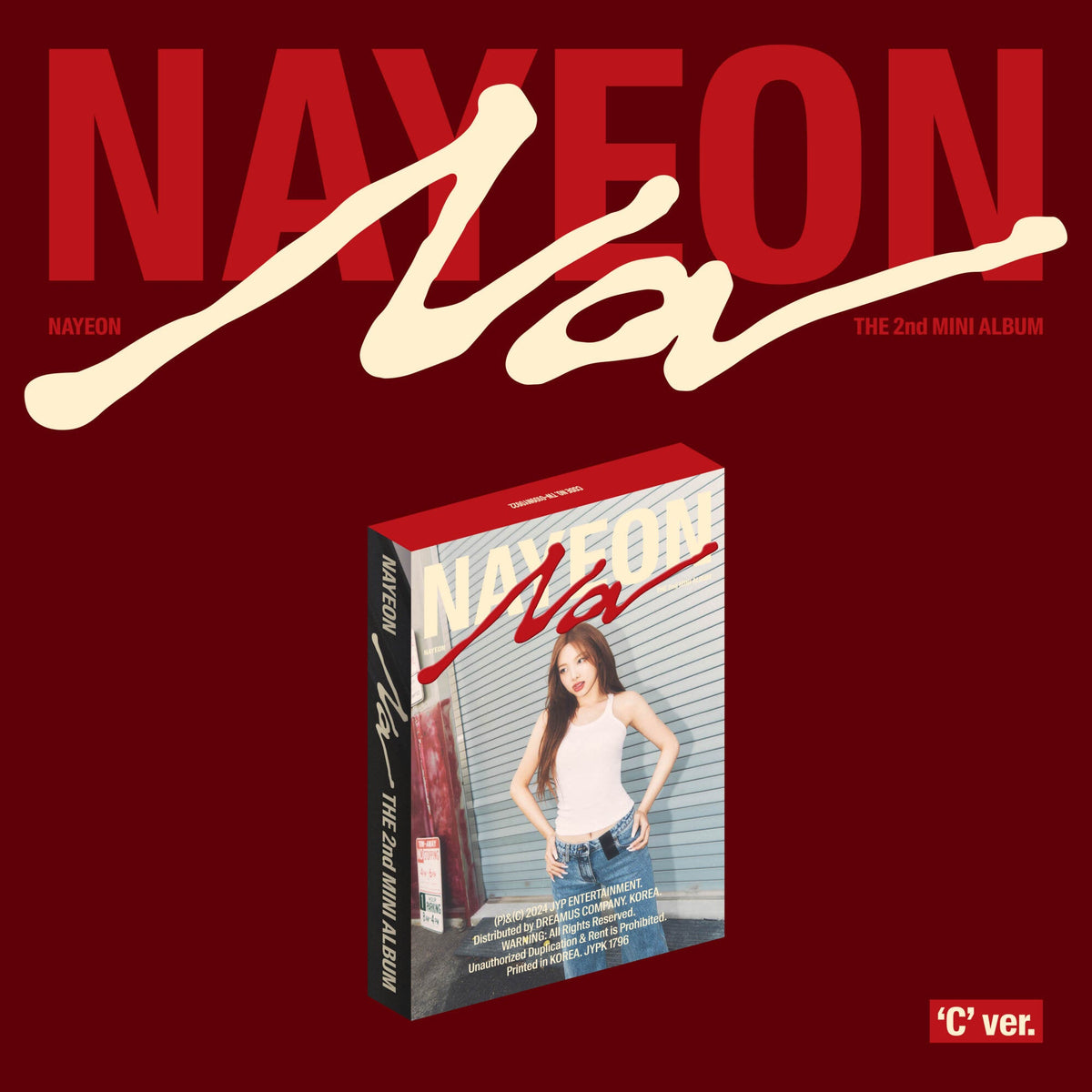 NAYEON's "NA" album cover: red background, silver cube, and stylized text.