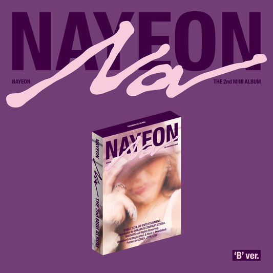 NAYEON’s “NA” album CD case with artist portrait on a purple background.